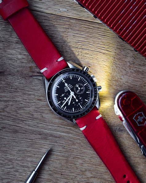 omega speedmaster red strap|omega speedmaster with leather strap.